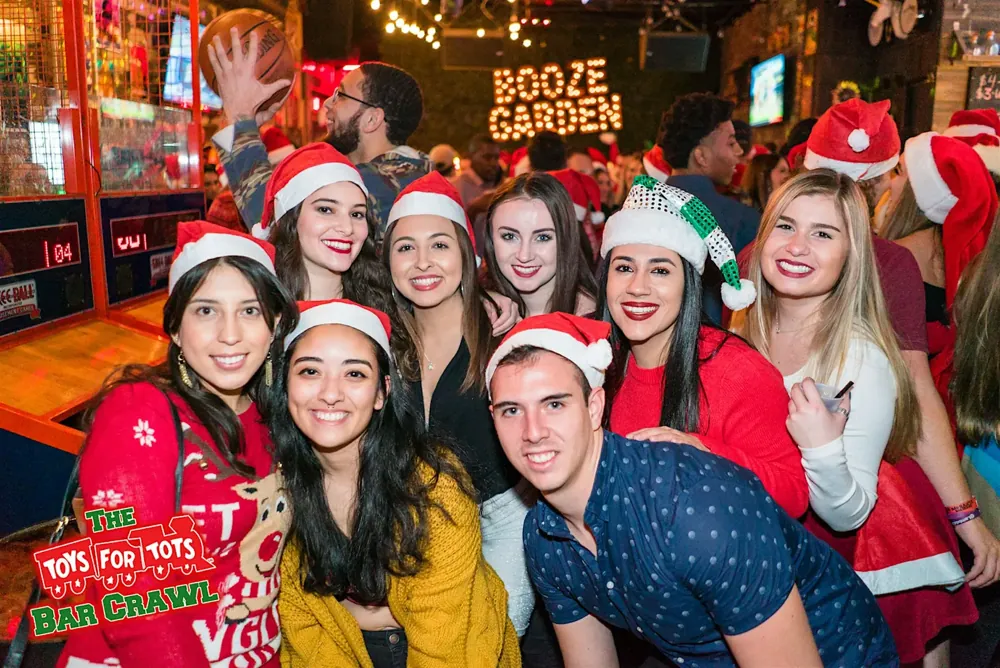 Group of friends in ugly sweaters at a participating bar