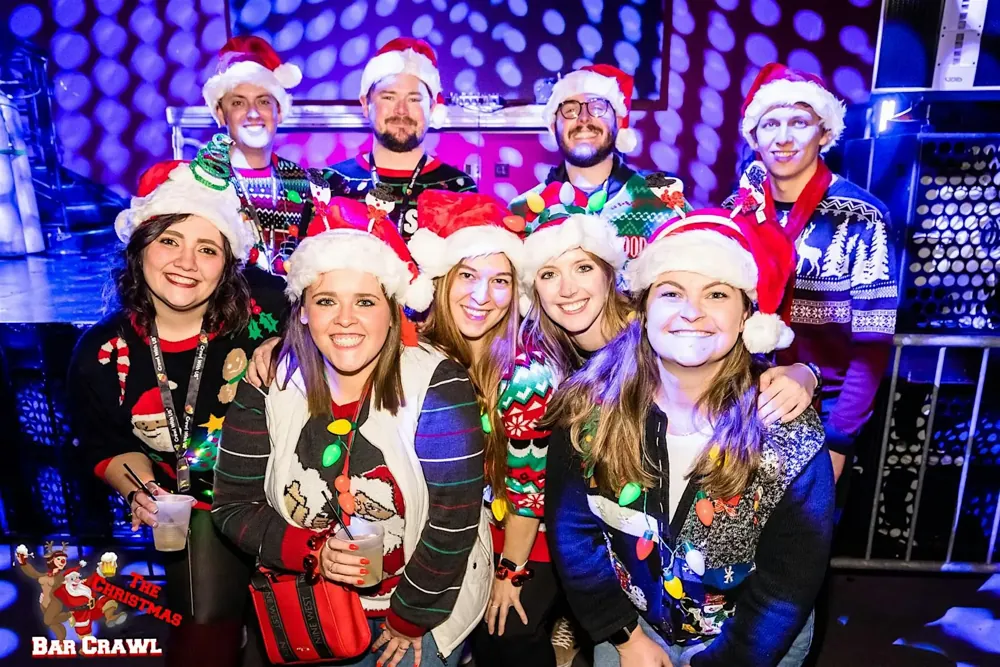 Holiday crawlers celebrating during the bar crawl