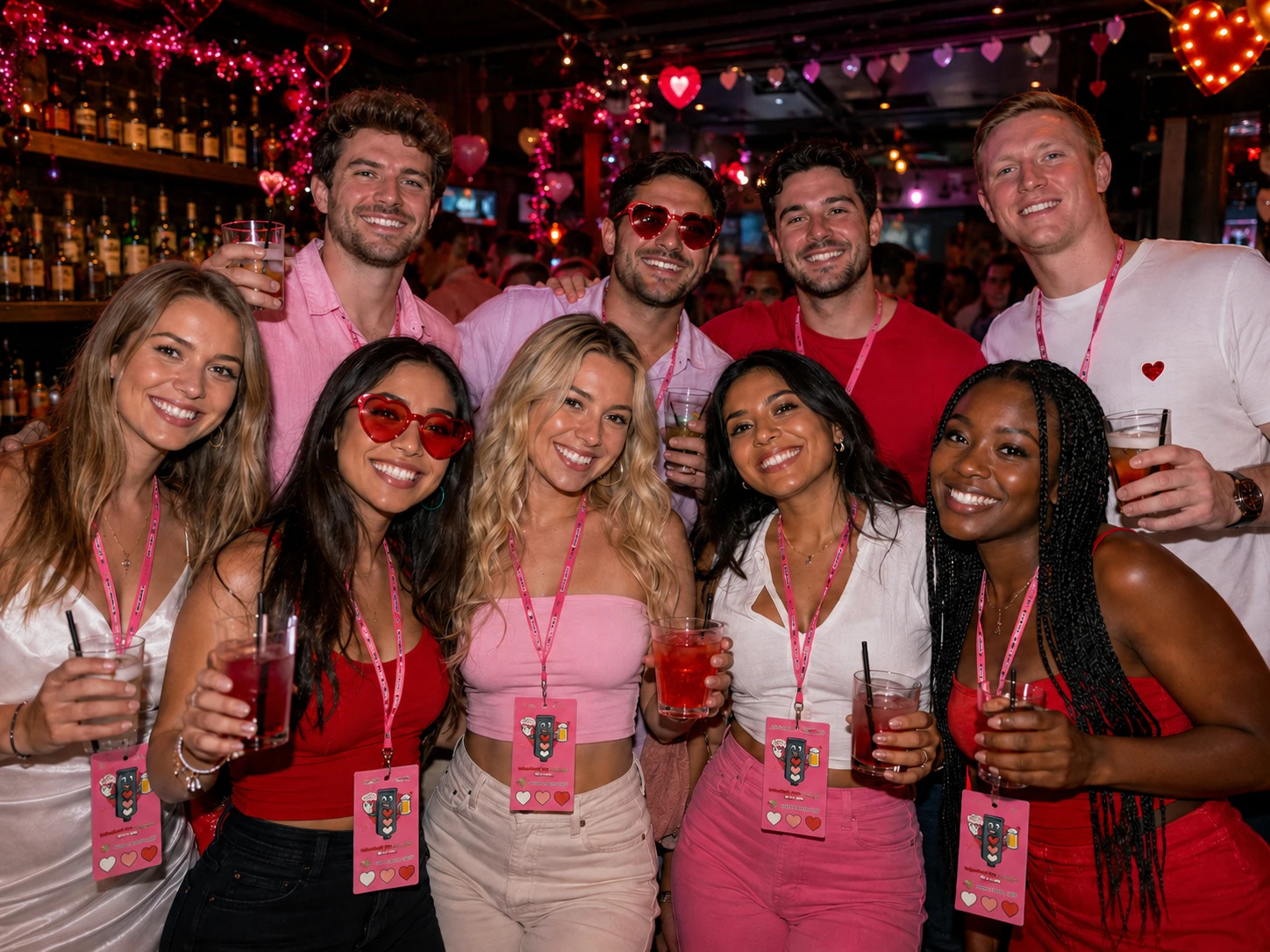 Group of nine friends in red, pink, and white at the Valentine's Day Stoplight Bar Crawl