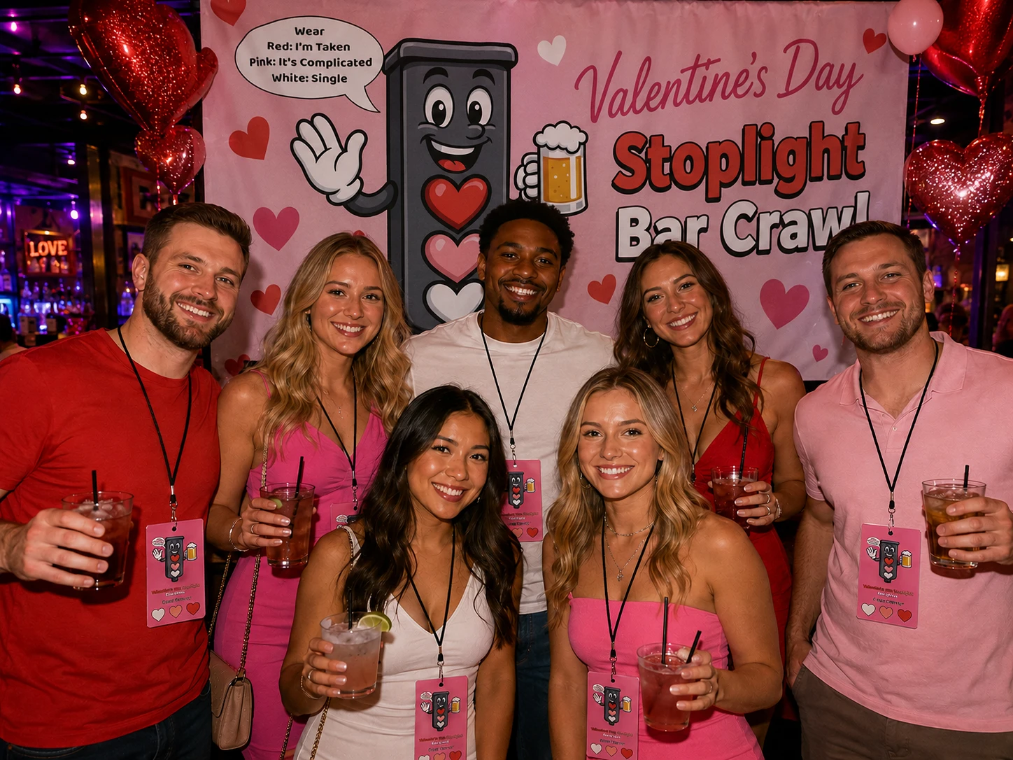 Seven friends posing at the Valentine's Day Stoplight Bar Crawl backdrop