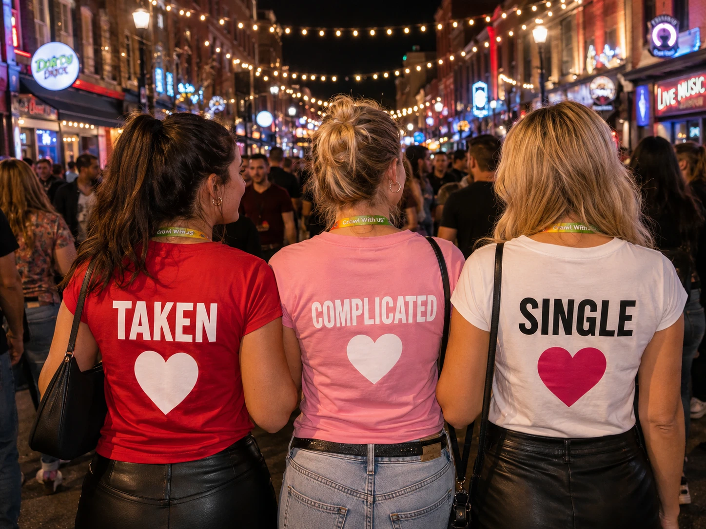 Three friends in Taken, Complicated, and Single shirts at the Valentine's Day Stoplight Bar Crawl