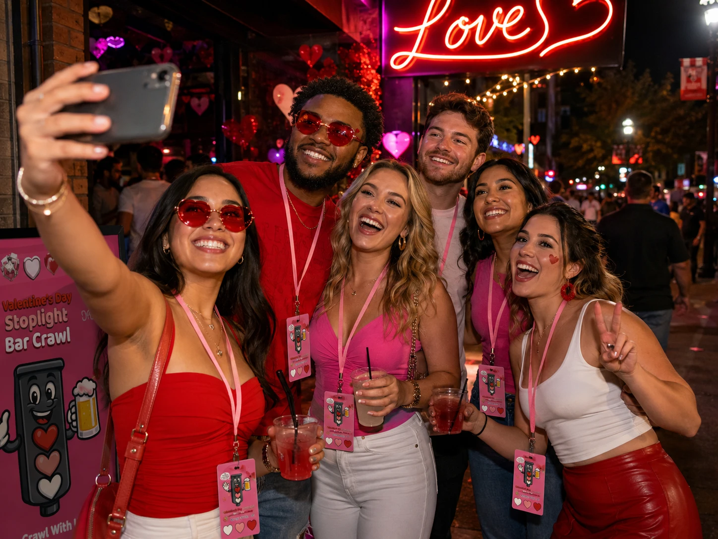 Group of friends taking a selfie outside a bar at the Valentine's Day Stoplight Bar Crawl