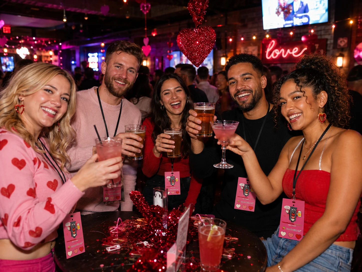 Five friends toasting drinks at a heart-decorated table during the Valentine's Day Stoplight Bar Crawl
